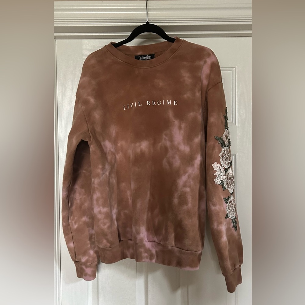 Civil Regime Brown Tie-Dye Sweatshirt with Sleeve Floral Embroidery, GUC, Sz M